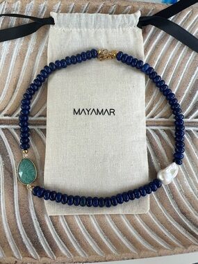 Mayamar Necklace Lapis Lazuli, Adventurine Freshwater Pearl 24 Karat Gold NEW